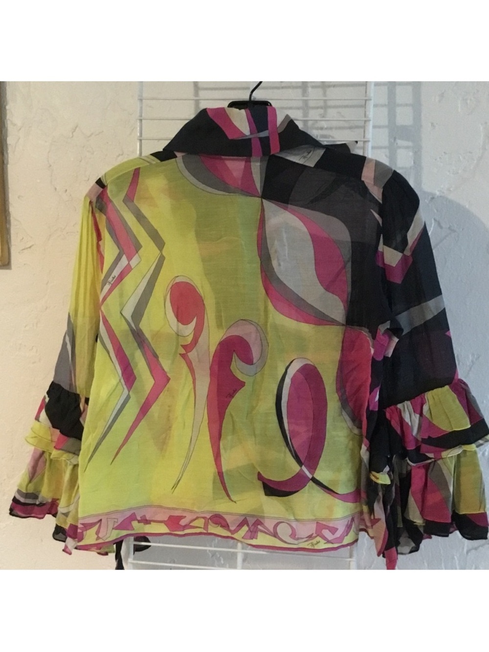 Emilio Pucci Sheer Abstract Printed Ruffle-Sleeve Blouse in Pink, Yellow & Black - Picture 7 of 7